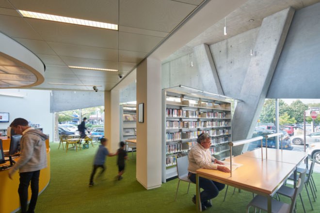 Kew Gardens Hill Library by Work Architecture Company, Kew Gardens Hill Library, Kew Gardens Hill Library Queens, green-roofed library, Queens green roof NYC, glass fiber reinforced concrete facade,
