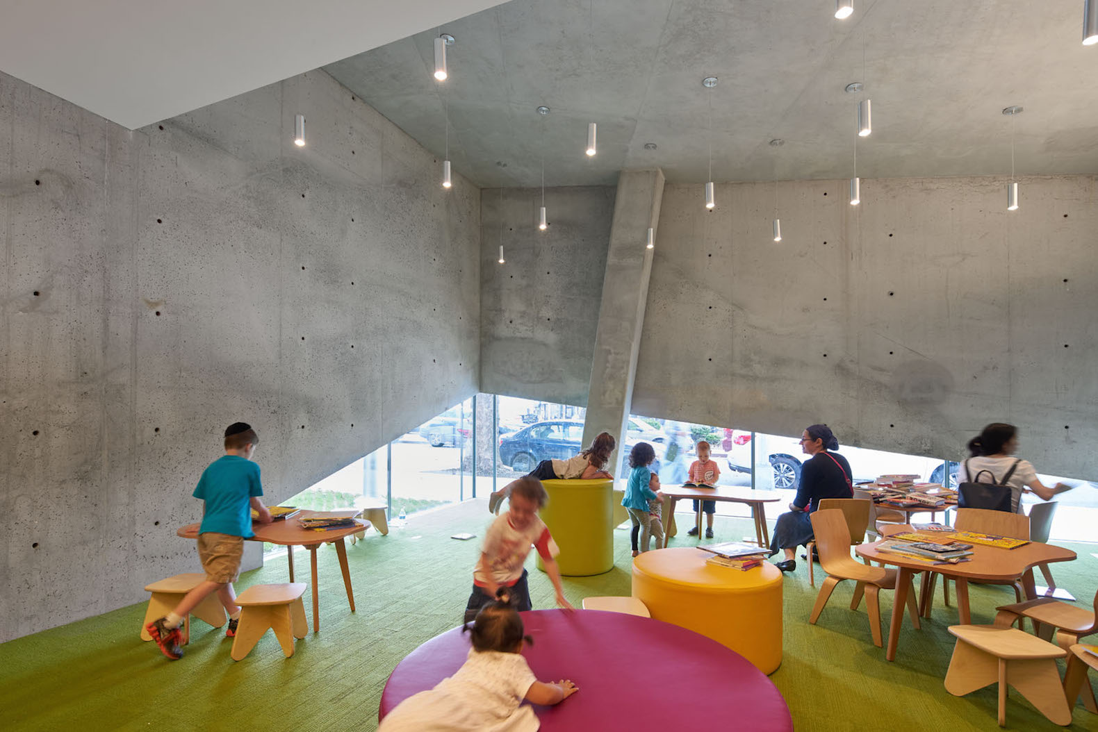 Kew Gardens Hill Library by Work Architecture Company, Kew Gardens Hill Library, Kew Gardens Hill Library Queens, green-roofed library, Queens green roof NYC, glass fiber reinforced concrete facade,