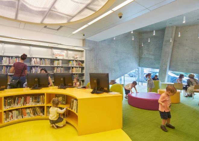 Kew Gardens Hill Library by Work Architecture Company, Kew Gardens Hill Library, Kew Gardens Hill Library Queens, green-roofed library, Queens green roof NYC, glass fiber reinforced concrete facade,