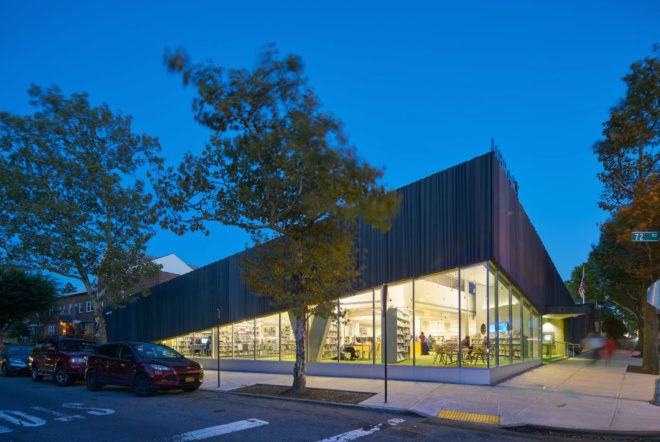 Kew Gardens Hill Library by Work Architecture Company, Kew Gardens Hill Library, Kew Gardens Hill Library Queens, green-roofed library, Queens green roof NYC, glass fiber reinforced concrete facade,