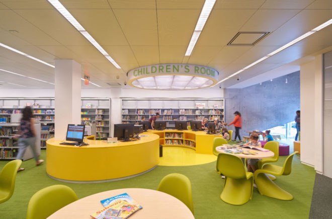 Kew Gardens Hill Library by Work Architecture Company, Kew Gardens Hill Library, Kew Gardens Hill Library Queens, green-roofed library, Queens green roof NYC, glass fiber reinforced concrete facade,