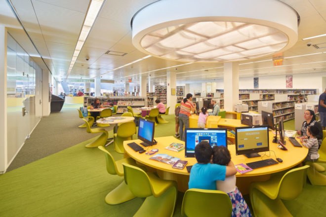 Kew Gardens Hill Library by Work Architecture Company, Kew Gardens Hill Library, Kew Gardens Hill Library Queens, green-roofed library, Queens green roof NYC, glass fiber reinforced concrete facade,