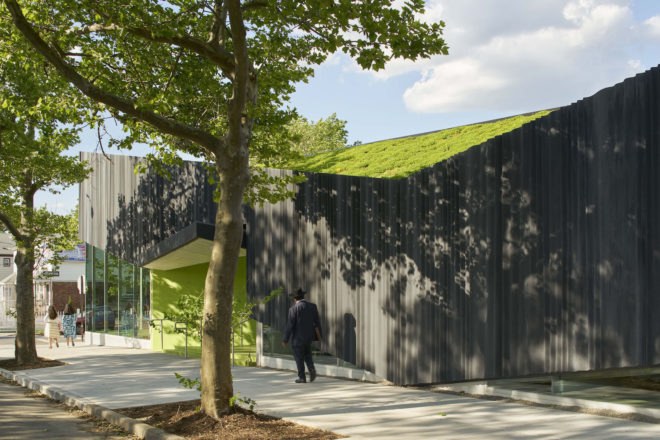 Kew Gardens Hill Library by Work Architecture Company, Kew Gardens Hill Library, Kew Gardens Hill Library Queens, green-roofed library, Queens green roof NYC, glass fiber reinforced concrete facade,