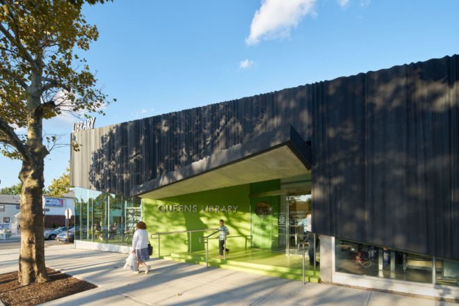 Kew Gardens Hill Library by Work Architecture Company, Kew Gardens Hill Library, Kew Gardens Hill Library Queens, green-roofed library, Queens green roof NYC, glass fiber reinforced concrete facade,