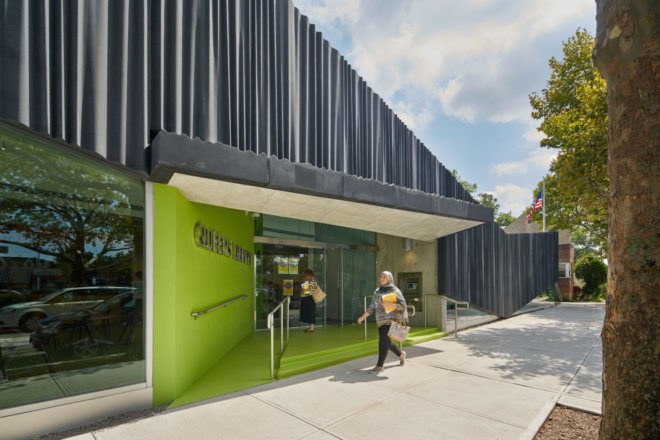 Kew Gardens Hill Library by Work Architecture Company, Kew Gardens Hill Library, Kew Gardens Hill Library Queens, green-roofed library, Queens green roof NYC, glass fiber reinforced concrete facade,