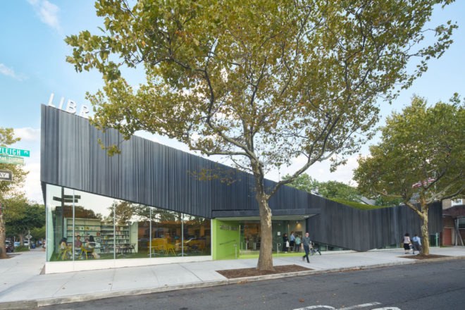 Kew Gardens Hill Library by Work Architecture Company, Kew Gardens Hill Library, Kew Gardens Hill Library Queens, green-roofed library, Queens green roof NYC, glass fiber reinforced concrete facade,