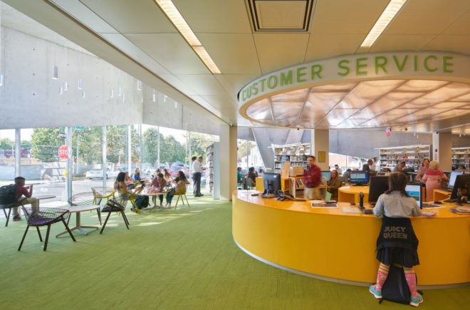 Kew Gardens Hill Library by Work Architecture Company, Kew Gardens Hill Library, Kew Gardens Hill Library Queens, green-roofed library, Queens green roof NYC, glass fiber reinforced concrete facade,