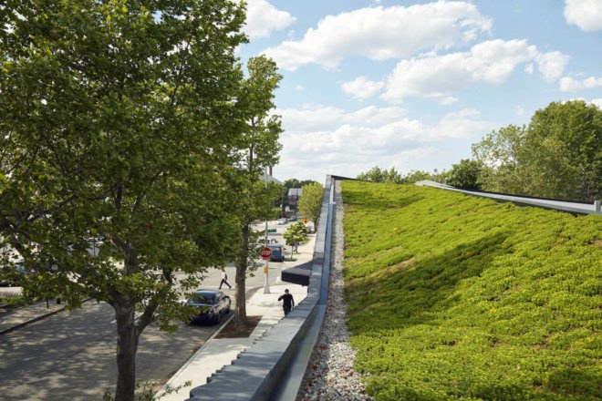 Kew Gardens Hill Library by Work Architecture Company, Kew Gardens Hill Library, Kew Gardens Hill Library Queens, green-roofed library, Queens green roof NYC, glass fiber reinforced concrete facade,