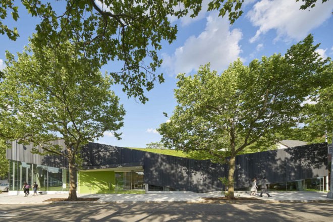Kew Gardens Hill Library by Work Architecture Company, Kew Gardens Hill Library, Kew Gardens Hill Library Queens, green-roofed library, Queens green roof NYC, glass fiber reinforced concrete facade,