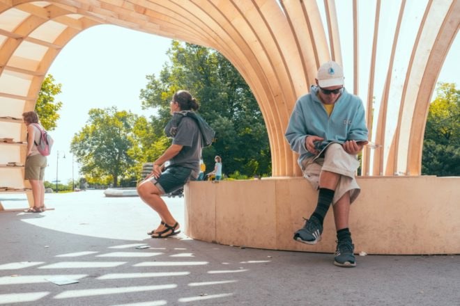 Rapana street library, Rapana library in Varna, Bulgaria street library, CNC milled pavilion, curvaceous timber pavilion, European Youth Capital, European Youth Capital funds, 3D modeled library