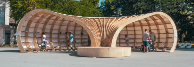 Rapana street library, Rapana library in Varna, Bulgaria street library, CNC milled pavilion, curvaceous timber pavilion, European Youth Capital, European Youth Capital funds, 3D modeled library