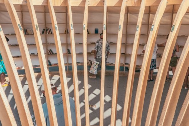 Rapana street library, Rapana library in Varna, Bulgaria street library, CNC milled pavilion, curvaceous timber pavilion, European Youth Capital, European Youth Capital funds, 3D modeled library