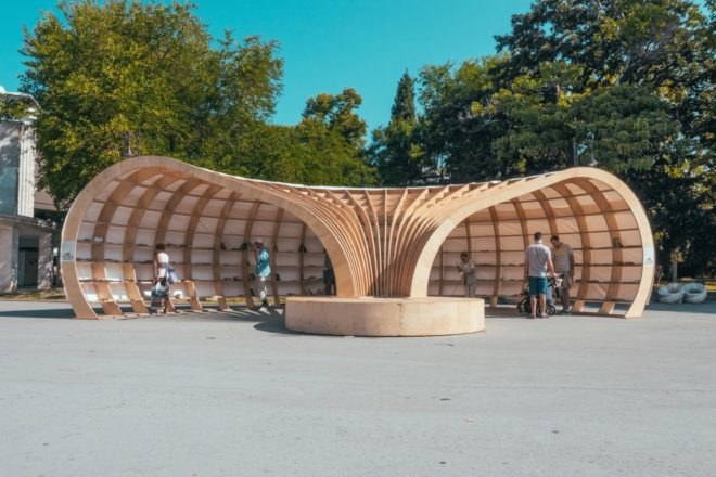 Rapana street library, Rapana library in Varna, Bulgaria street library, CNC milled pavilion, curvaceous timber pavilion, European Youth Capital, European Youth Capital funds, 3D modeled library