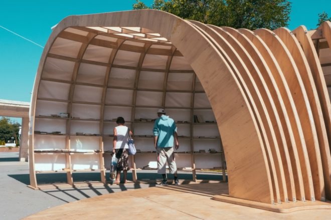 Rapana street library, Rapana library in Varna, Bulgaria street library, CNC milled pavilion, curvaceous timber pavilion, European Youth Capital, European Youth Capital funds, 3D modeled library