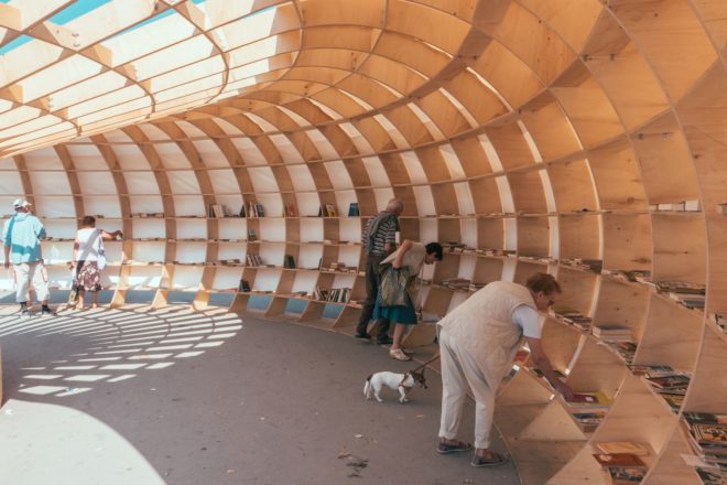 Rapana street library, Rapana library in Varna, Bulgaria street library, CNC milled pavilion, curvaceous timber pavilion, European Youth Capital, European Youth Capital funds, 3D modeled library