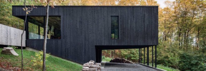 The Rock by Atelier General, The Rock house Quebec, Quebec forest cabin, black painted timber home, black painted timber architecture, Canada forest architecture,