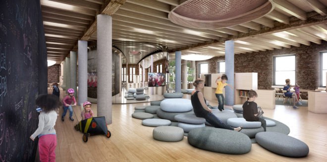 WeWork, kindergarten, school, WeGrow, New York City, Chelsea, co-working, treehouses, modular design, modular school, green architecture