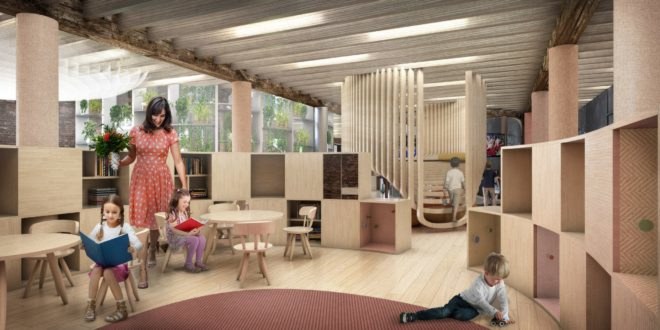 WeWork, kindergarten, school, WeGrow, New York City, Chelsea, co-working, treehouses, modular design, modular school, green architecture