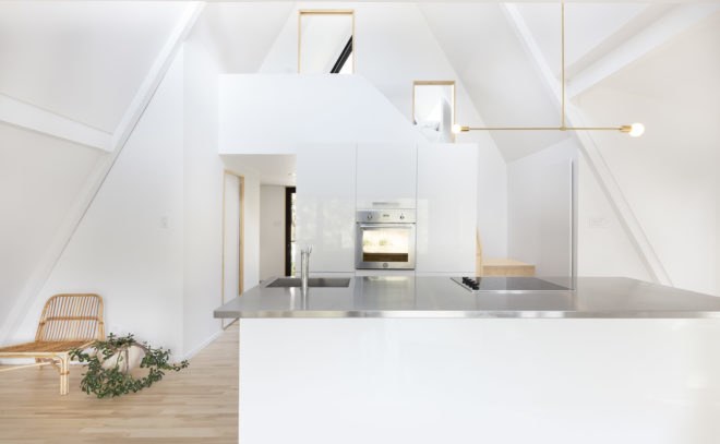 Green renovation, A-frame cabin, Fahouse, Jean Verville architecte, Canada, cabin, green architecture, rehabilitation, storage space, staircase