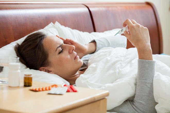 Woman, sick, sickness, fever, thermometer, flu, influenza