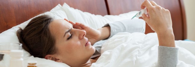 Woman, sick, sickness, fever, thermometer, flu, influenza