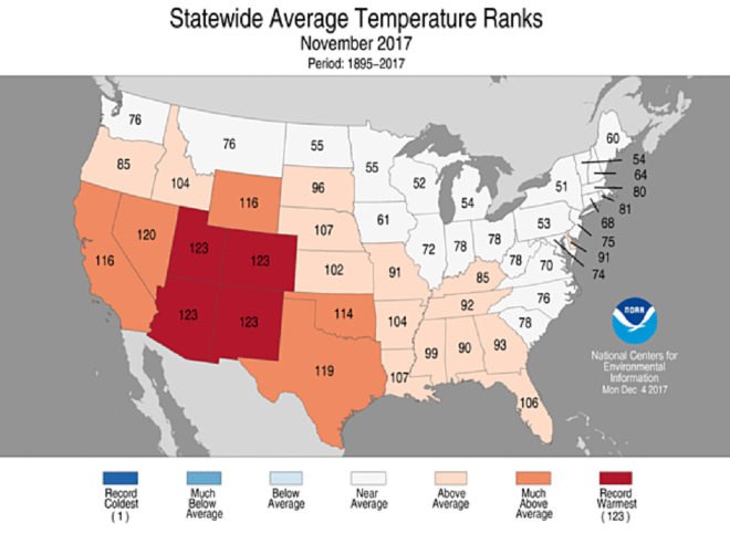 NOAA statewide temperatures November 2017, NOAA Maps, NOAA climate maps, NOAA data