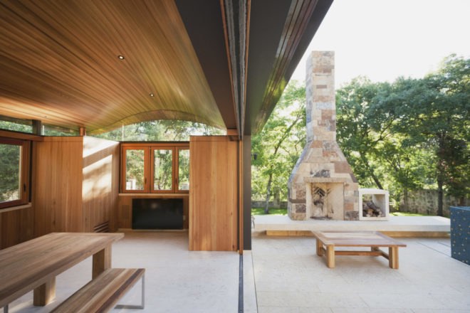 wildflower roof in Texas, City of West Lake Hills green roof, City of West Lake Hills pool house, modernist pool house, pool house architecture, green roofed pool house, wildflower green roof design, Texan pool house architecture, Texan green roof design