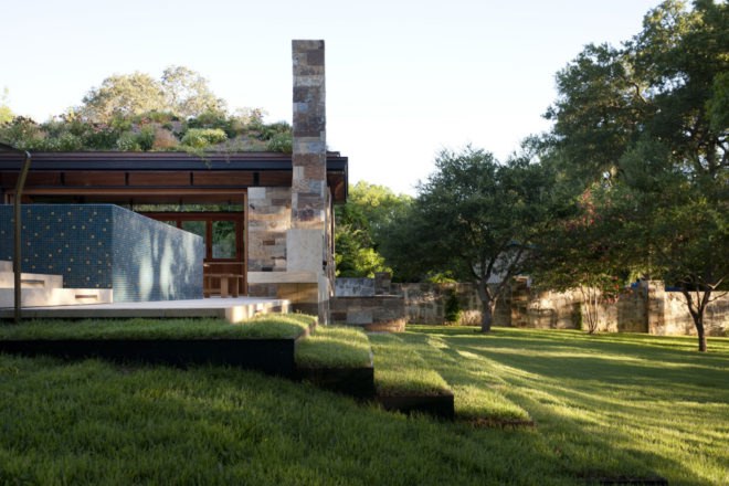 wildflower roof in Texas, City of West Lake Hills green roof, City of West Lake Hills pool house, modernist pool house, pool house architecture, green roofed pool house, wildflower green roof design, Texan pool house architecture, Texan green roof design