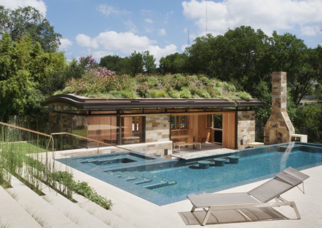 wildflower roof in Texas, City of West Lake Hills green roof, City of West Lake Hills pool house, modernist pool house, pool house architecture, green roofed pool house, wildflower green roof design, Texan pool house architecture, Texan green roof design
