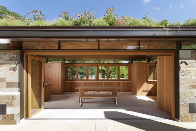 wildflower roof in Texas, City of West Lake Hills green roof, City of West Lake Hills pool house, modernist pool house, pool house architecture, green roofed pool house, wildflower green roof design, Texan pool house architecture, Texan green roof design