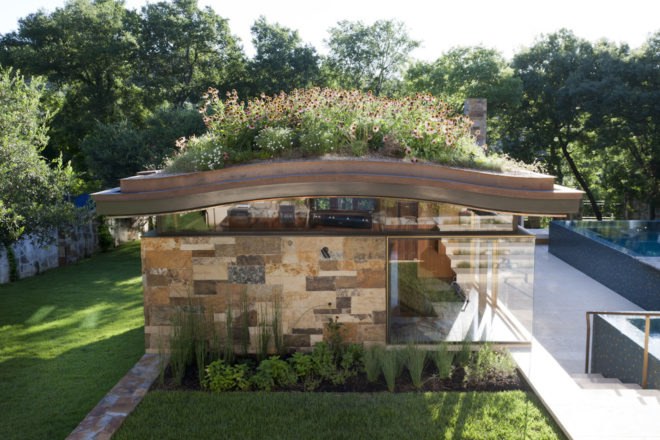 wildflower roof in Texas, City of West Lake Hills green roof, City of West Lake Hills pool house, modernist pool house, pool house architecture, green roofed pool house, wildflower green roof design, Texan pool house architecture, Texan green roof design