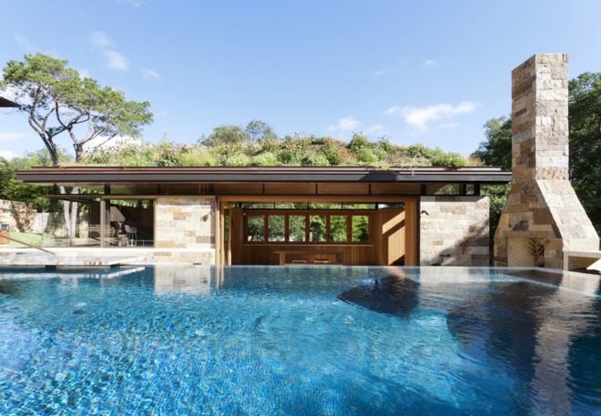 wildflower roof in Texas, City of West Lake Hills green roof, City of West Lake Hills pool house, modernist pool house, pool house architecture, green roofed pool house, wildflower green roof design, Texan pool house architecture, Texan green roof design