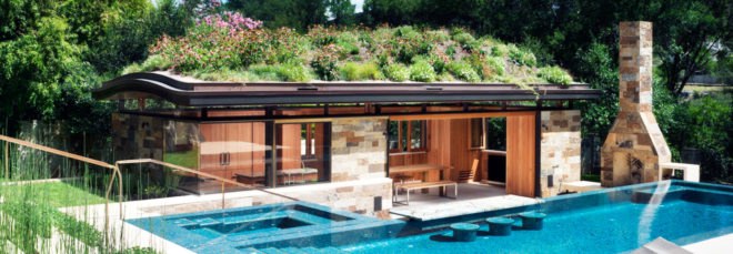 wildflower roof in Texas, City of West Lake Hills green roof, City of West Lake Hills pool house, modernist pool house, pool house architecture, green roofed pool house, wildflower green roof design, Texan pool house architecture, Texan green roof design