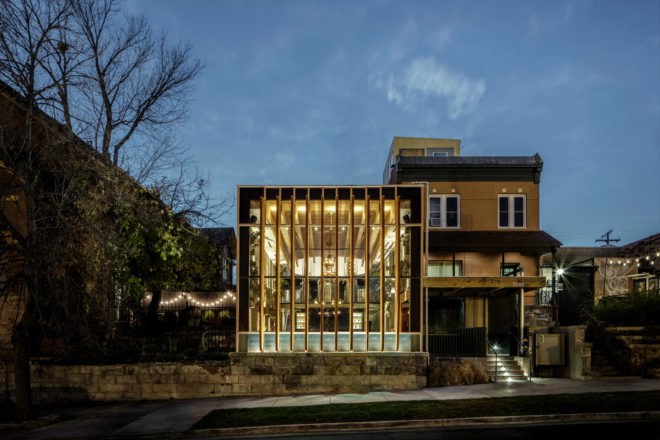 tres birds workshop, The Family Jones Spirit House, Denver, wooden louvers, reclaimed materials, patio, green interior, green renovation, copper, concrete