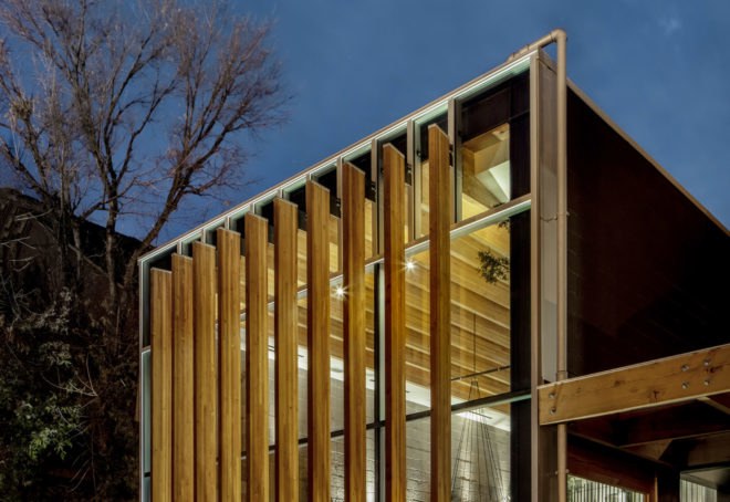 tres birds workshop, The Family Jones Spirit House, Denver, wooden louvers, reclaimed materials, patio, green interior, green renovation, copper, concrete