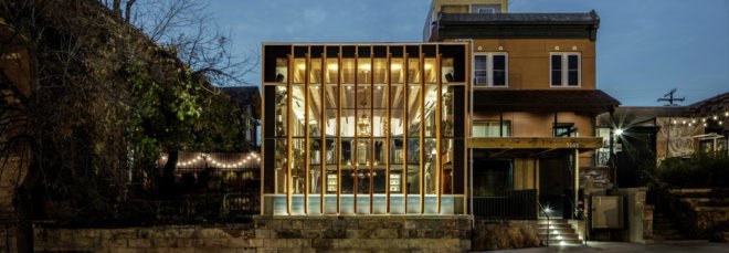 tres birds workshop, The Family Jones Spirit House, Denver, wooden louvers, reclaimed materials, patio, green interior, green renovation, copper, concrete