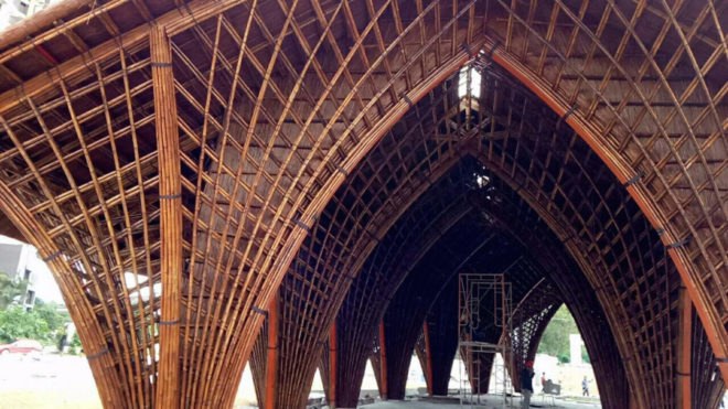 Ting Xi Bamboo Restaurant by Vo Trong Nghia Architects, quadrilateral columns, bamboo columns, sculptural bamboo columns, Ting Xi Bamboo Restaurant in Xiamen, Xiamen bamboo architecture,