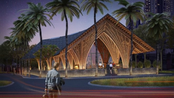Ting Xi Bamboo Restaurant by Vo Trong Nghia Architects, quadrilateral columns, bamboo columns, sculptural bamboo columns, Ting Xi Bamboo Restaurant in Xiamen, Xiamen bamboo architecture,