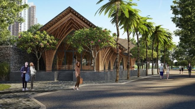 Ting Xi Bamboo Restaurant by Vo Trong Nghia Architects, quadrilateral columns, bamboo columns, sculptural bamboo columns, Ting Xi Bamboo Restaurant in Xiamen, Xiamen bamboo architecture,