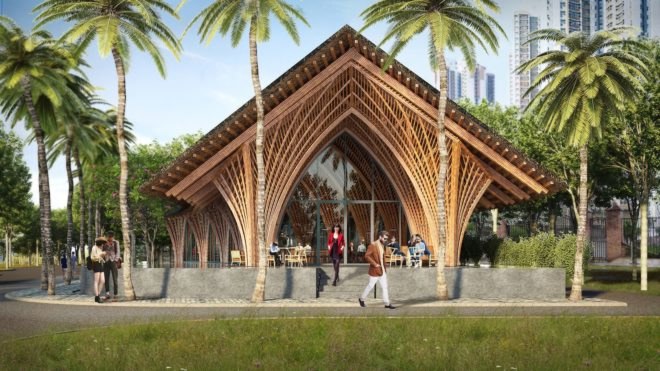 Ting Xi Bamboo Restaurant by Vo Trong Nghia Architects, quadrilateral columns, bamboo columns, sculptural bamboo columns, Ting Xi Bamboo Restaurant in Xiamen, Xiamen bamboo architecture,