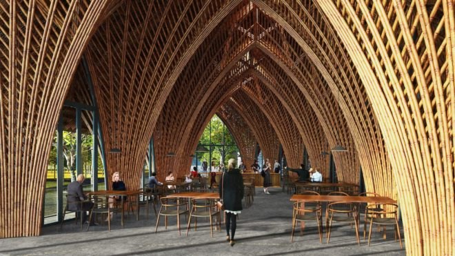 Ting Xi Bamboo Restaurant by Vo Trong Nghia Architects, quadrilateral columns, bamboo columns, sculptural bamboo columns, Ting Xi Bamboo Restaurant in Xiamen, Xiamen bamboo architecture,