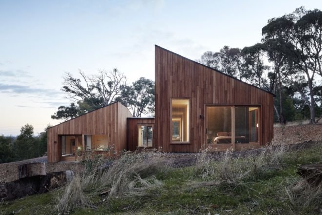 Two Halves Home by Moloney Architects, Two Halves Home, Moloney Architects, birch-faced plywood interior, Two Halves Home Australia, pavilion residence, modern timber-clad home, high bush fire rated modern house