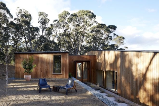Two Halves Home by Moloney Architects, Two Halves Home, Moloney Architects, birch-faced plywood interior, Two Halves Home Australia, pavilion residence, modern timber-clad home, high bush fire rated modern house