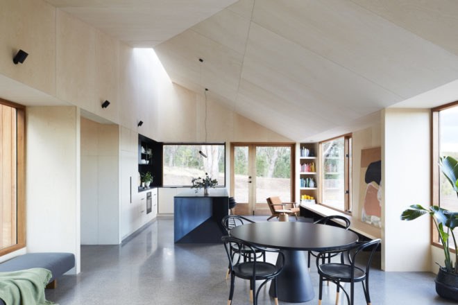 Two Halves Home by Moloney Architects, Two Halves Home, Moloney Architects, birch-faced plywood interior, Two Halves Home Australia, pavilion residence, modern timber-clad home, high bush fire rated modern house