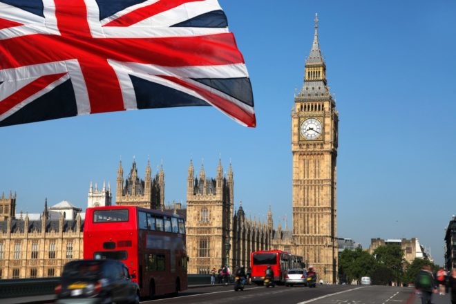 Big Ben, London, Union Jack, double decker buses