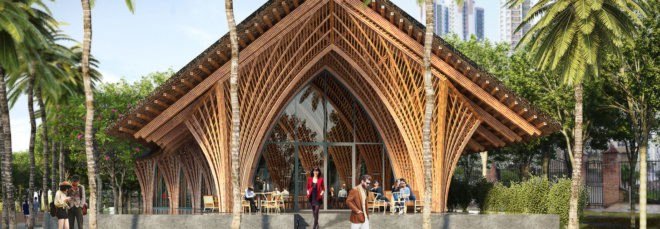 Ting Xi Bamboo Restaurant by Vo Trong Nghia Architects, quadrilateral columns, bamboo columns, sculptural bamboo columns, Ting Xi Bamboo Restaurant in Xiamen, Xiamen bamboo architecture,