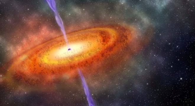 quasar, quasar drawing, supermassive black hole, artist depiction quasar