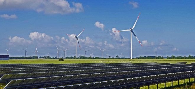 solar and wind farm, solar power, wind power, windmills, solar panels