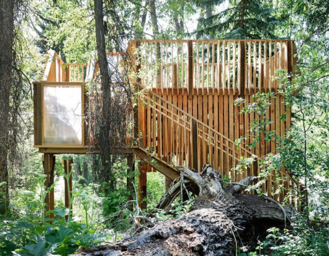 pro bono treehouse, ACES treehouse, ACES treehouse by Charles Cunniffe Architects, ACES treehouse by CCA, Aspen Center for Environmental studies treehouse, Hallam Lake treehouse, Aspen treehouse, CNC milled timber treehouse, plywood wildlife observation platform