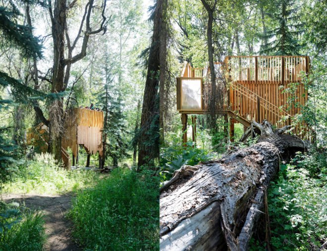 pro bono treehouse, ACES treehouse, ACES treehouse by Charles Cunniffe Architects, ACES treehouse by CCA, Aspen Center for Environmental studies treehouse, Hallam Lake treehouse, Aspen treehouse, CNC milled timber treehouse, plywood wildlife observation platform